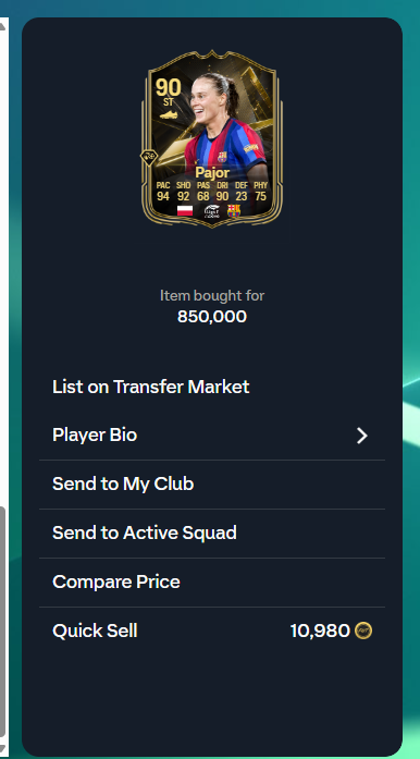 EA FC item screen showing Pajor 90 rated bought for 850,000 coins
