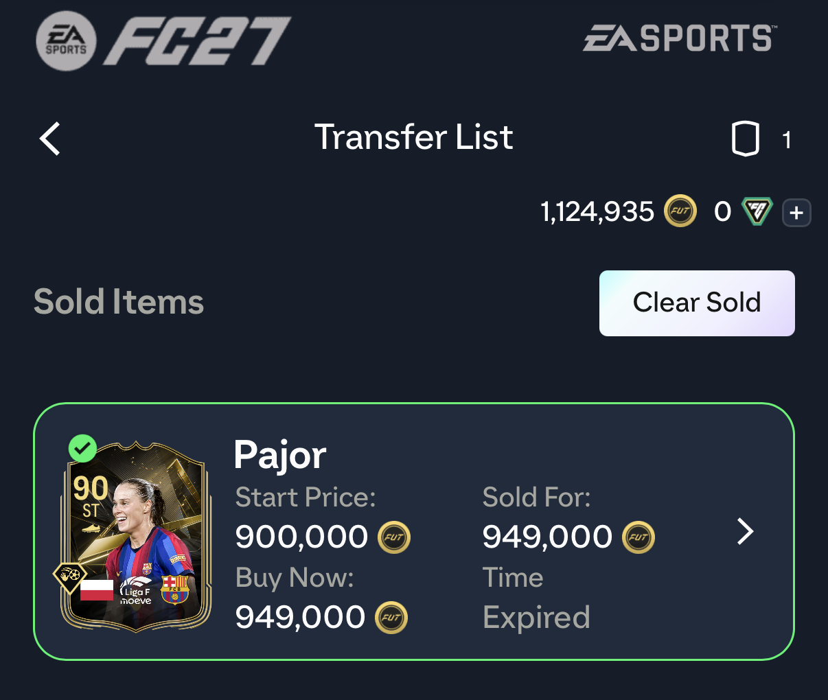 EA FC 27 transfer list showing Pajor sold for 949,000 coins