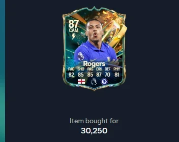 EA FC Web App screen showing a Rogers (87) promo card bought for 30,250 coins