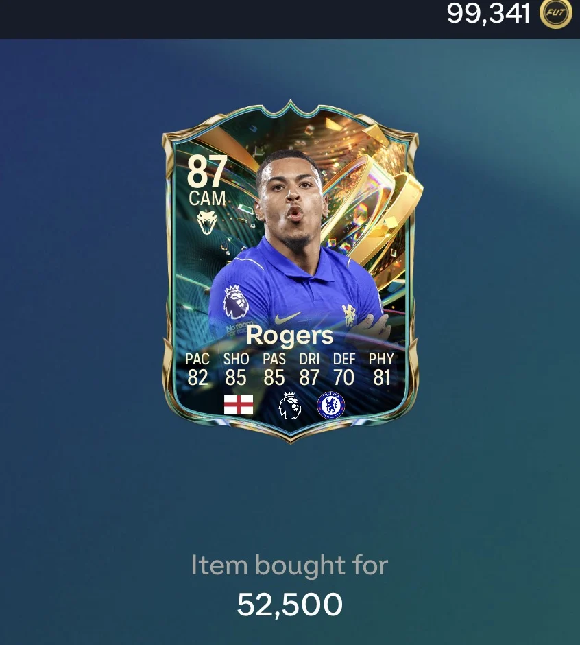 EA FC Web App screen showing Rogers (87) bought for 52,500 coins