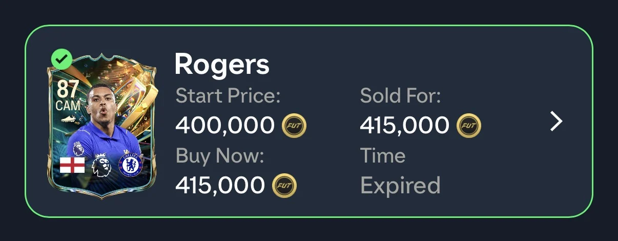 EA FC transfer list showing Rogers (87) sold for 415,000 coins