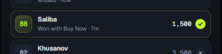 FC AutoBuyer activity panel showing Saliba, 88 rated, won with Buy Now for 1,500 coins