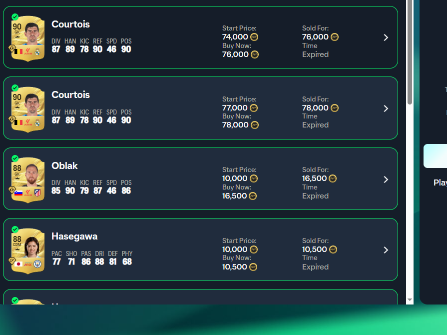 EA FC transfer list showing Courtois sold for 76,000 and 78,000, Oblak for 16,500 and Hasegawa for 10,500