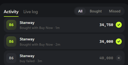 FC AutoBuyer activity panel showing two Stanway cards bought for 34,750 and 34,000 and one buy that failed at 40,000
