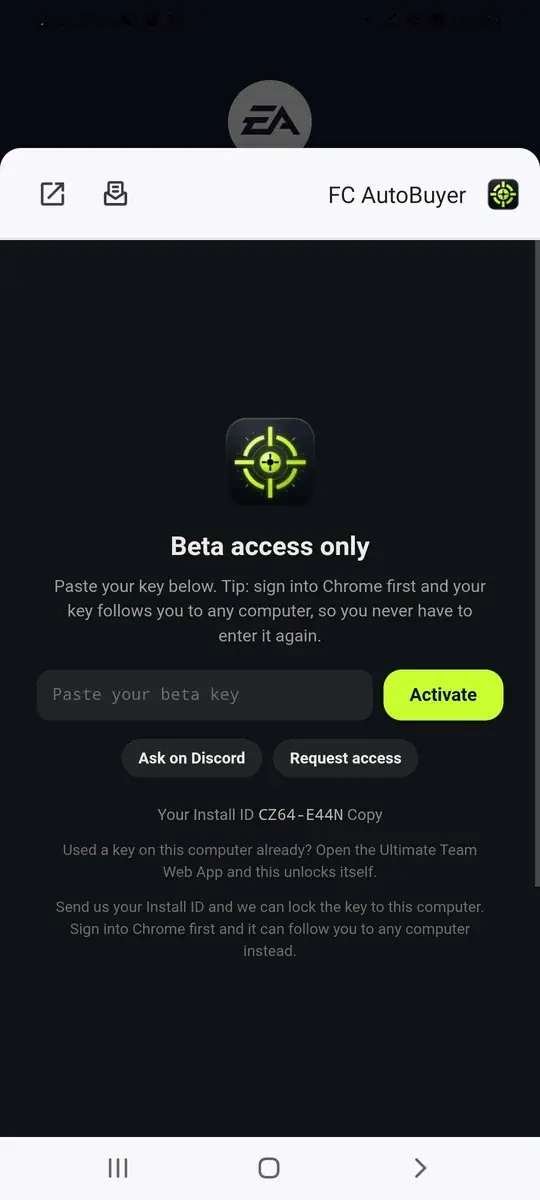 The FC AutoBuyer licence key screen on an Android phone