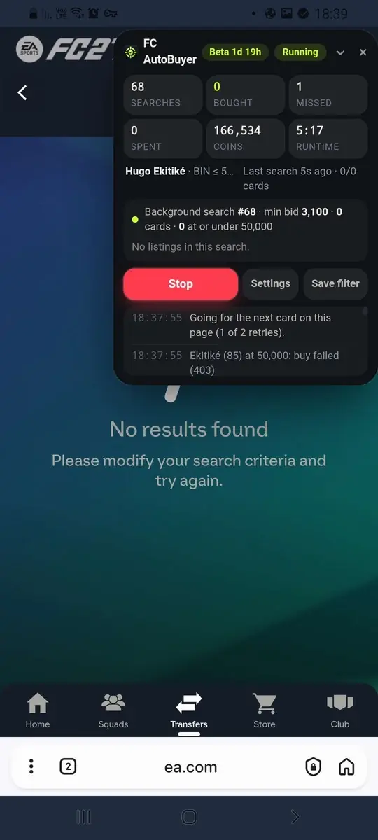The FC AutoBuyer panel running over the EA FC 27 Web App on an Android phone