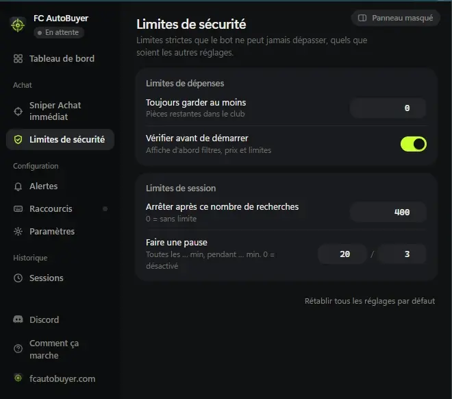 The safety limits screen in French, reading Limites de securite