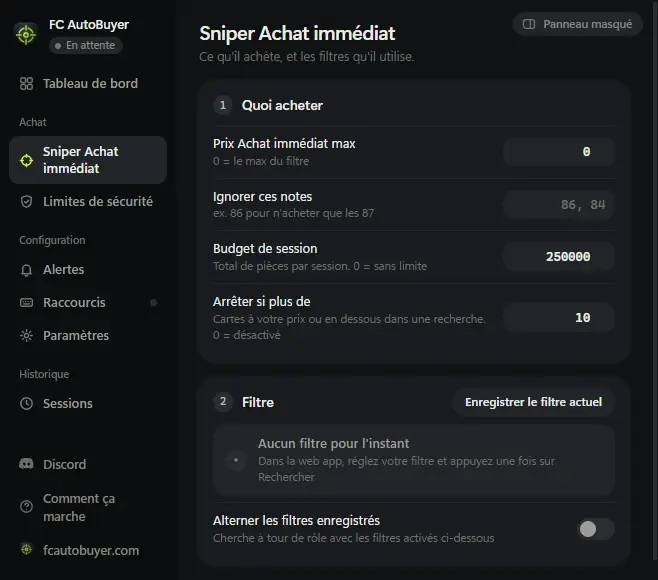 The Buy Now sniper screen in French, reading Sniper Achat immediat