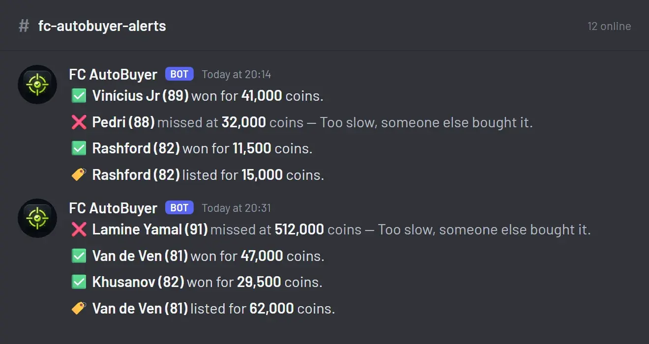 A Discord channel showing FC AutoBuyer alerts: cards won with a tick and the price, cards missed with a cross, and cards listed