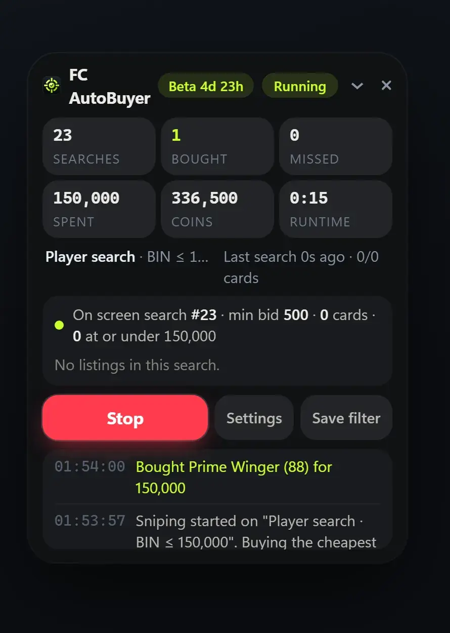 The FC AutoBuyer panel mid-run on the EA FC Web App, showing searches, coins spent, the live search log and a card it just bought