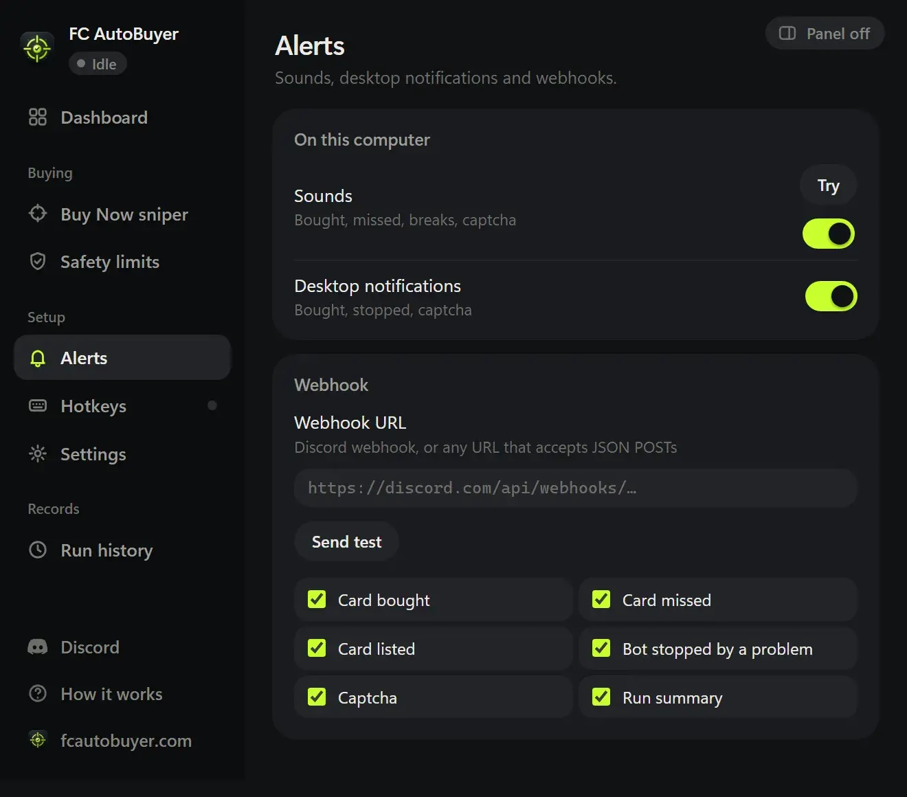 Alerts page with sounds, desktop notifications and Discord webhook events