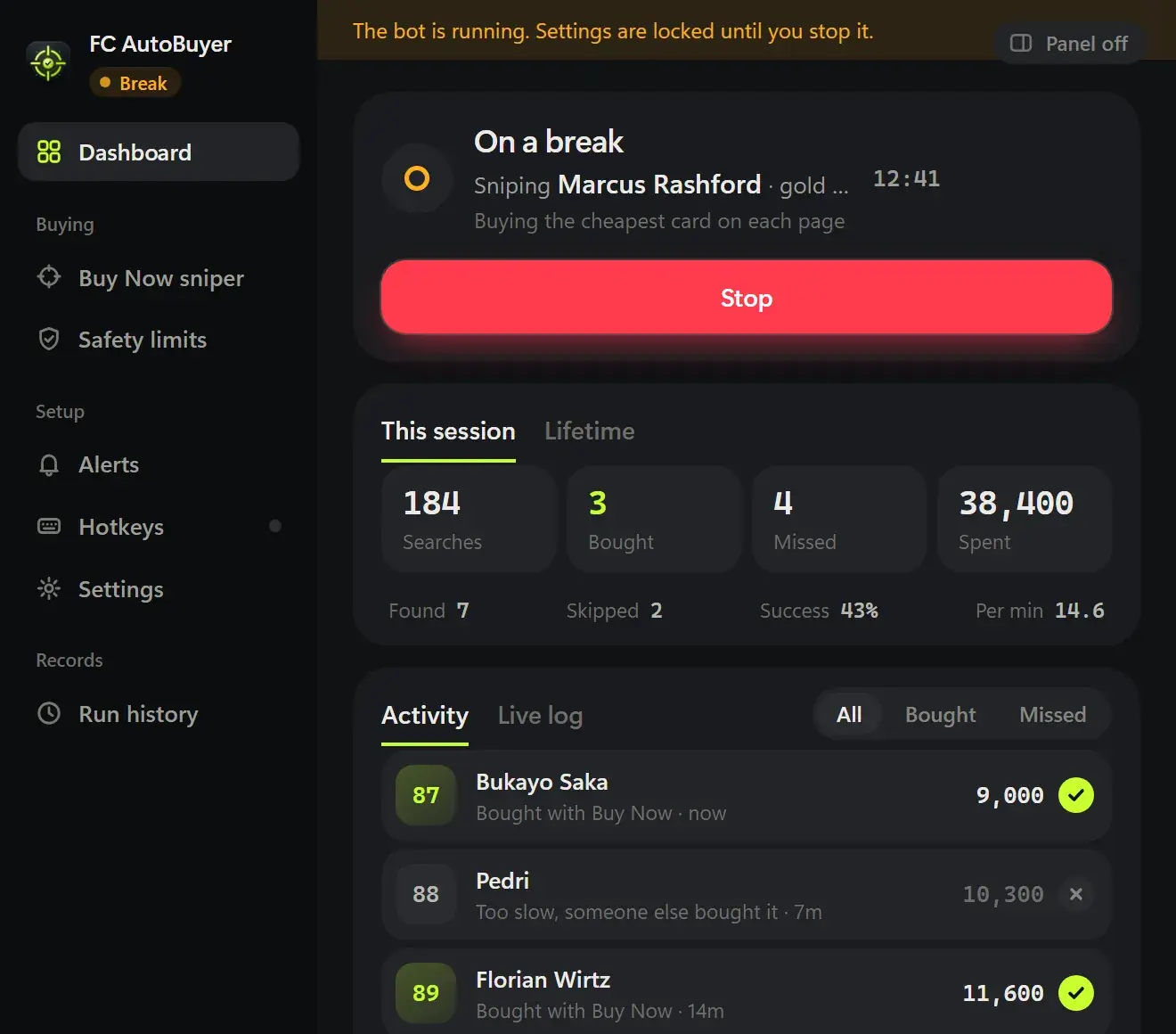 FC AutoBuyer Dashboard on an automatic break mid-run