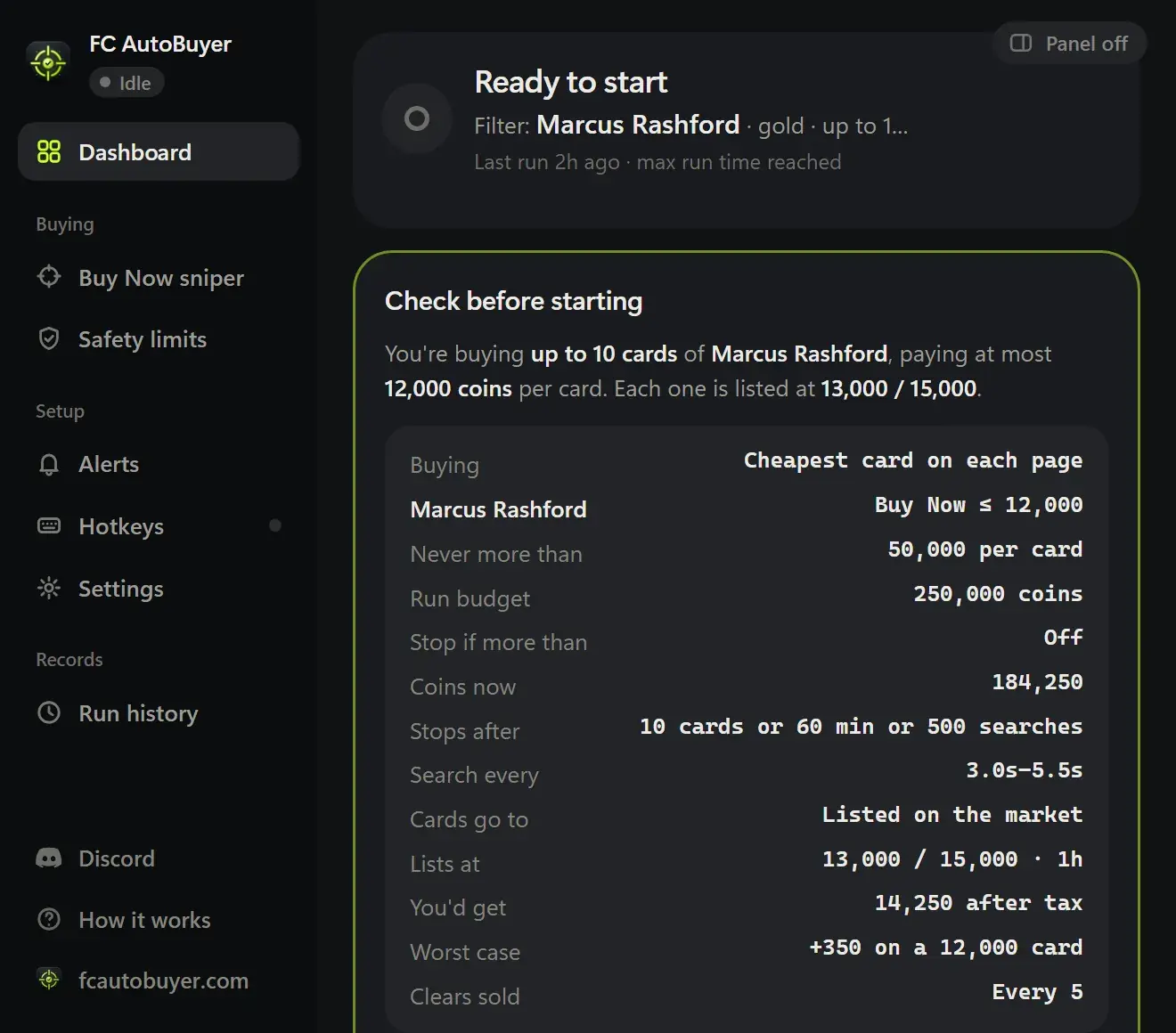 FC AutoBuyer Compatibility page with the Run check button to use after EA updates the Web App