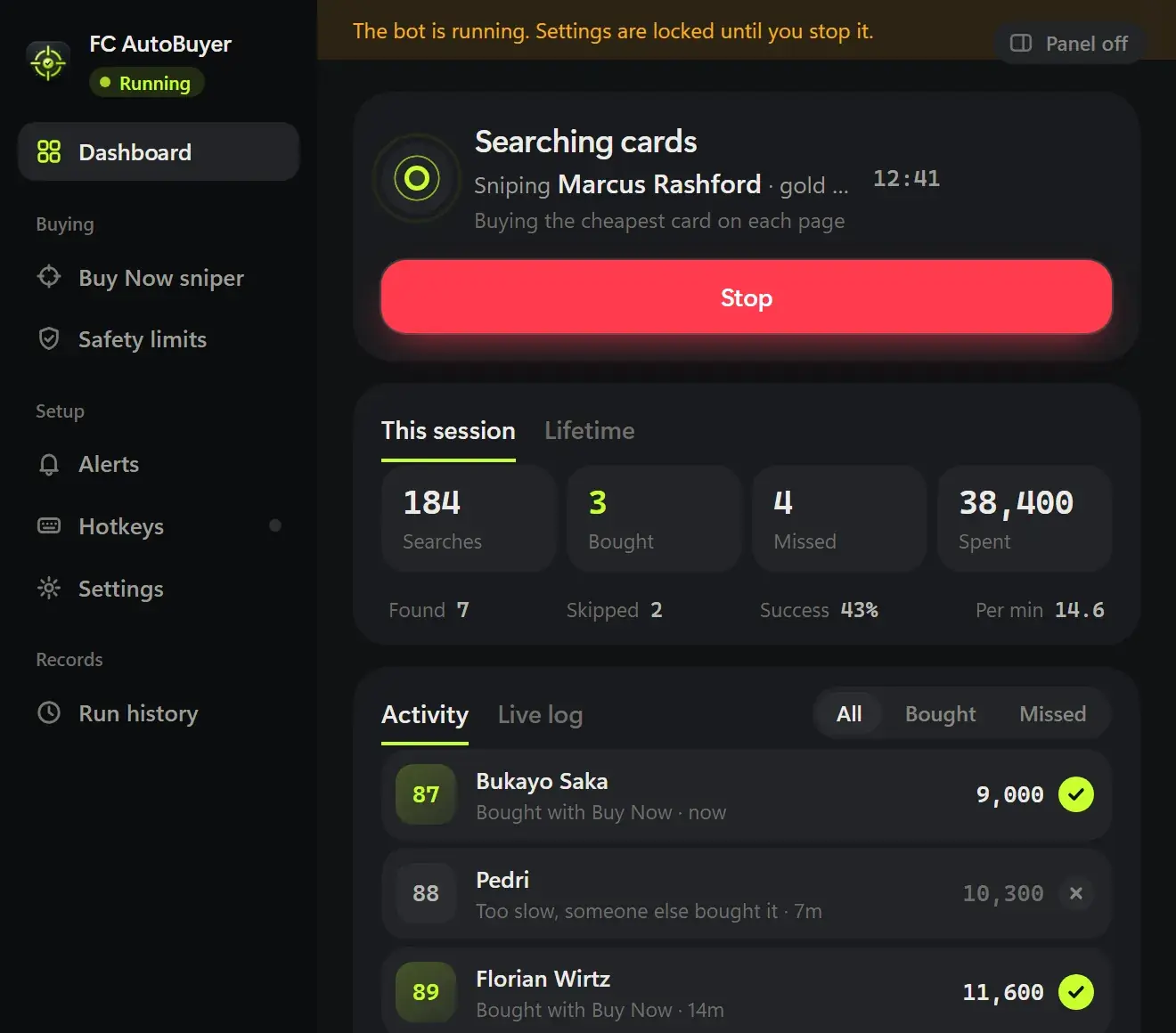 FC AutoBuyer Dashboard during a live run with searches, cards bought, missed and coins spent