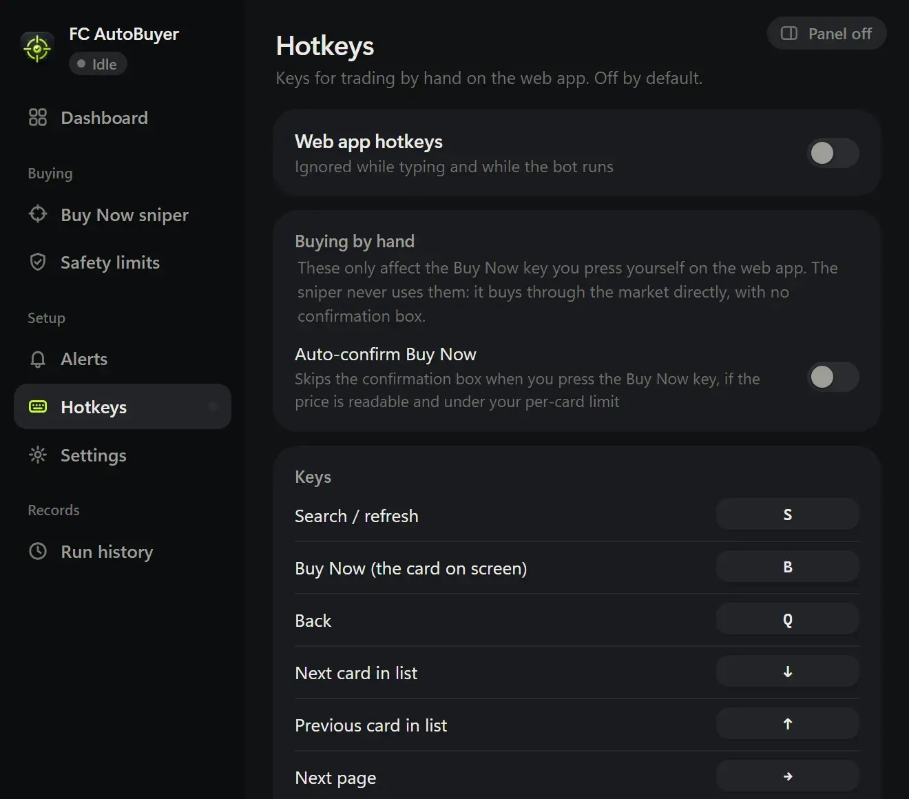 FC AutoBuyer hotkeys settings with rebindable keys for search, Buy Now, paging and sending cards to the club