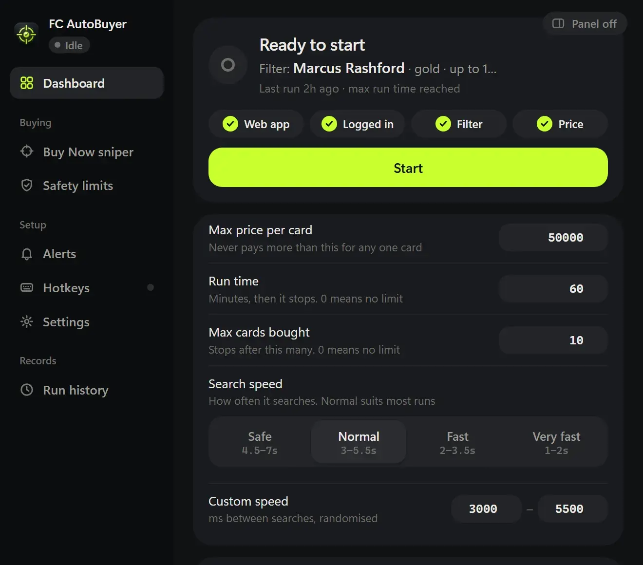 FC AutoBuyer Dashboard ready to start: Web App, logged in, filter and price all ticked, with the Start button