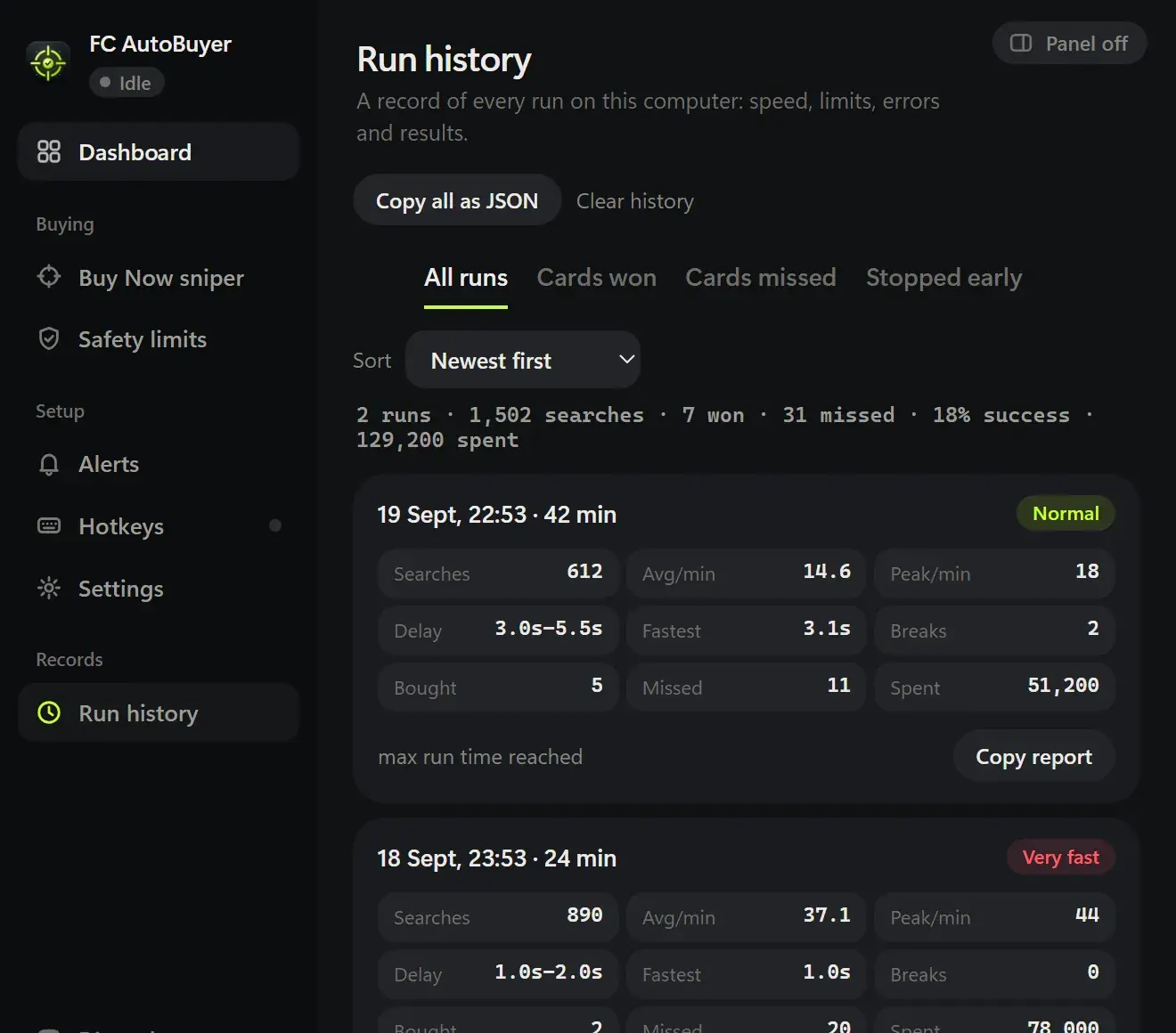 Run history with searches per minute, breaks, cards bought, missed and coins spent per run