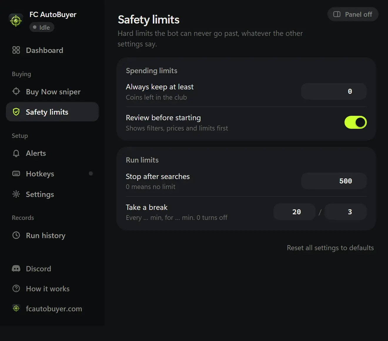 FC AutoBuyer Safety and speed page with per-card limit, run budget, coins-to-keep limit, review before starting and search speed presets