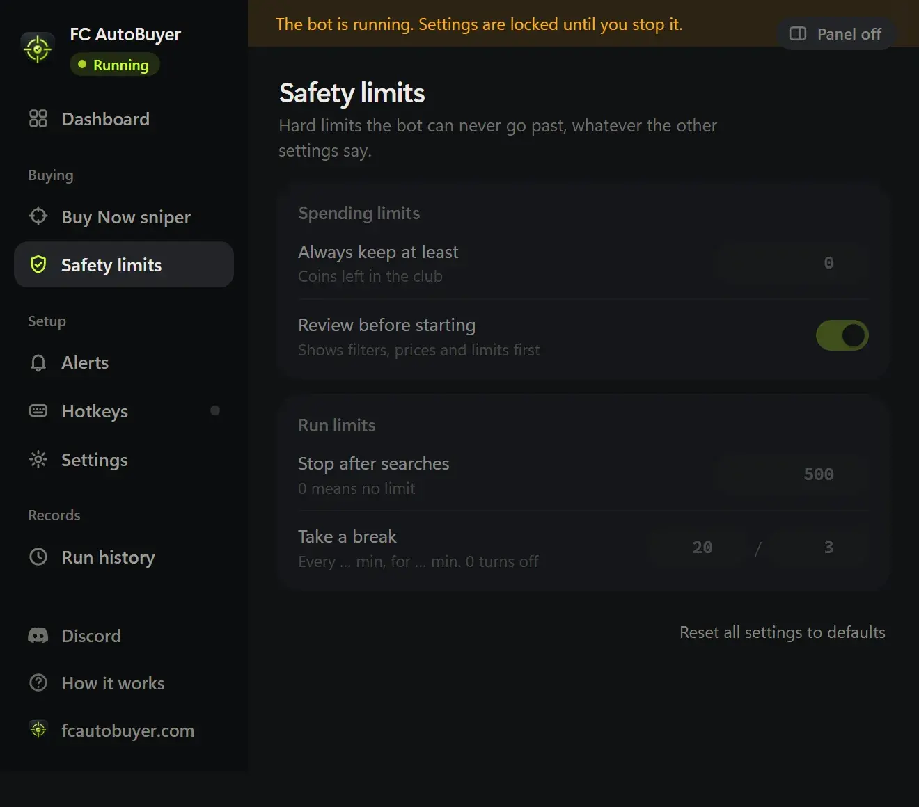 FC AutoBuyer safety and speed settings with hard spending limits and Safe, Normal, Fast and Very fast search speed presets