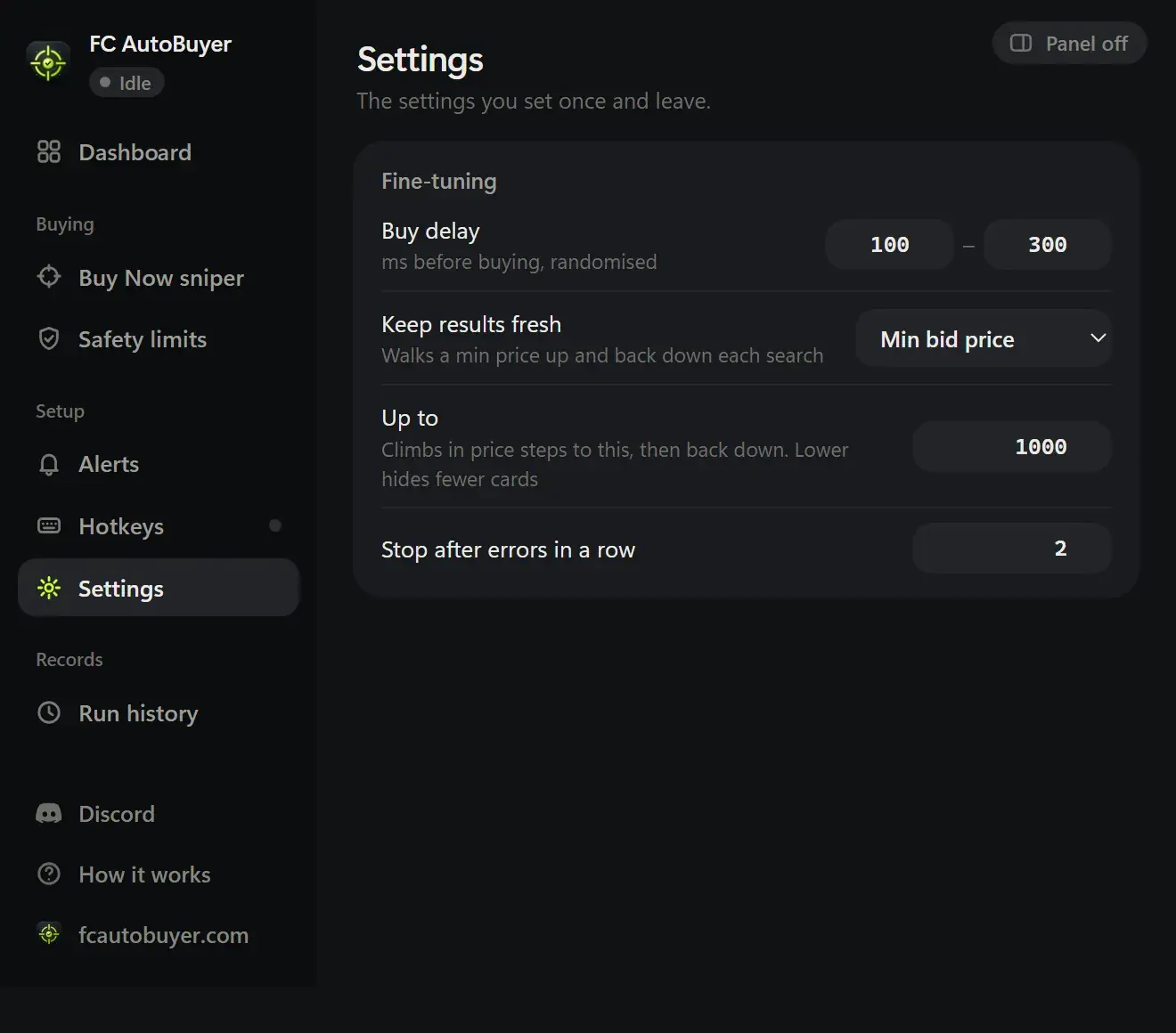 FC AutoBuyer Dashboard after install, with the readiness checklist showing what is left to set up