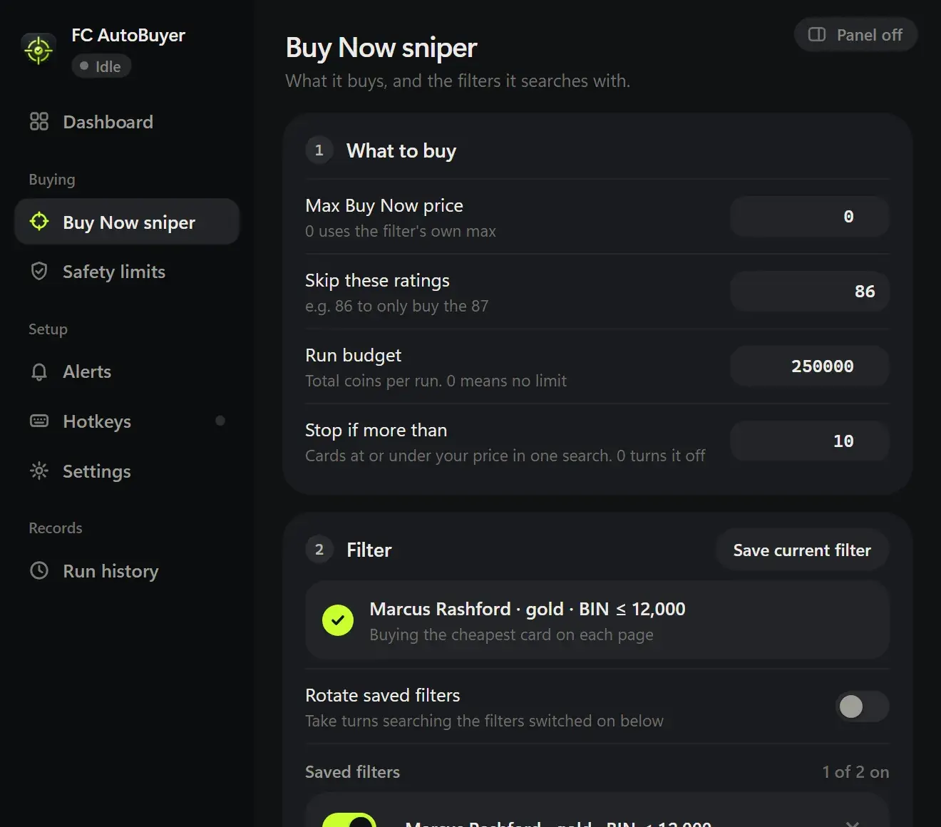FC AutoBuyer Buy Now sniper settings with Max Buy Now, buy delay, ratings to skip, rating range and where bought cards go