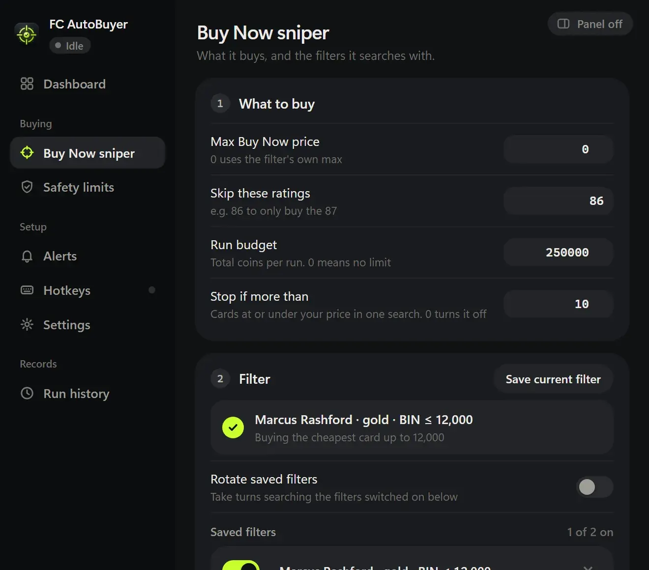 FC AutoBuyer Buy Now sniper settings: Max Buy Now price, randomised buy delay, ratings to skip, rating range and where bought cards go