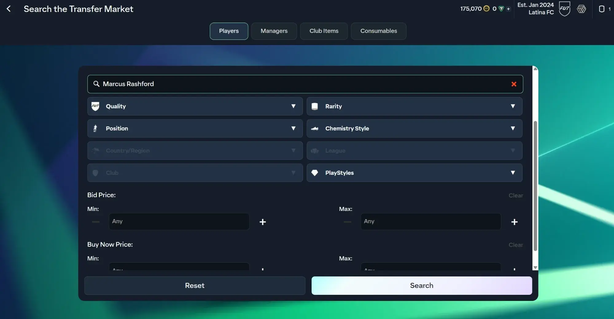 The EA FC Ultimate Team Web App transfer market search, with Marcus Rashford typed in and the quality, position and price filters below
